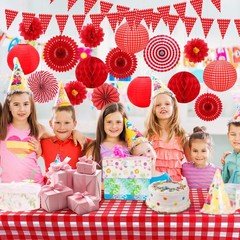 22 Pcs Red Gingham Party Supplies, and White Decorations Include Hanging Paper