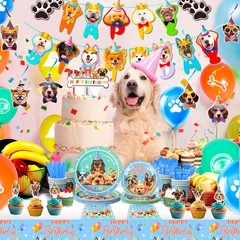 159 Pcs Dog Party Decorations Pet Birthday Tableware Puppy Balloons Plates Cups