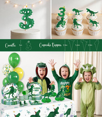 209Pcs Three Rex Birthday Decorations Boy, All-In-One Party Supplies Includes Ba