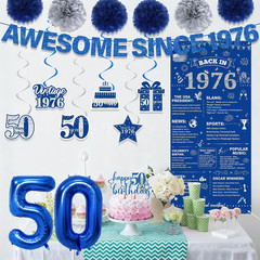 50Th Birthday Decorations Men Kit – 16 Pcs Blue Sliver Awesome since 1976 Banner