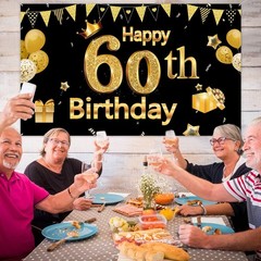 Chic 60th Birthday Party Banner – Large Black and Gold Decor, 72.8 x 43.3 Inch