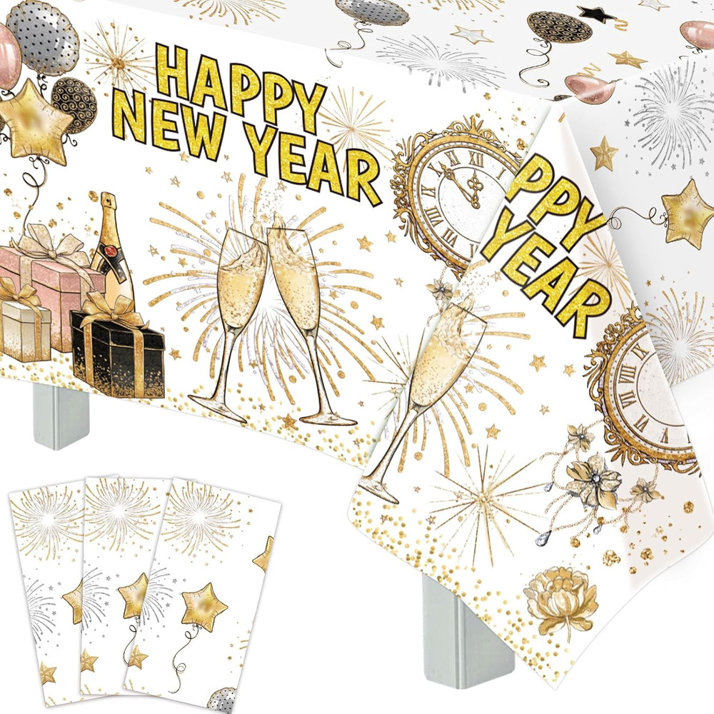 Happy New Year Tablecloths 3 Pack New Years Eve Party Supplies 2027 Gold & White