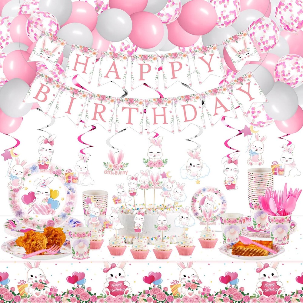 153 Pcs Easter Bunny Birthday Party Decorations Kit with Bunny Birthday Banne…