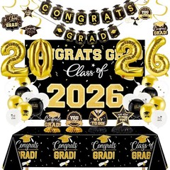 Graduation Decorations 2026 Set Black Gold with Congrats Grad Banner Backdrop…
