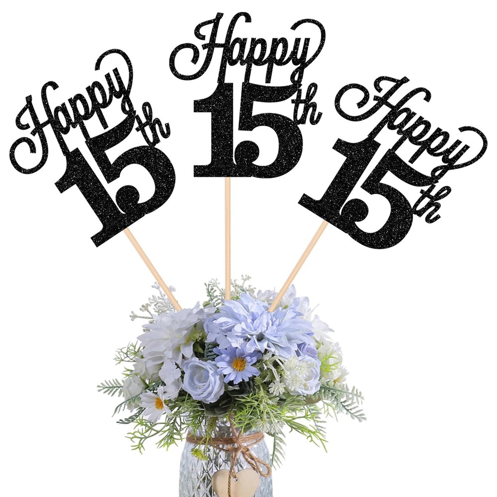 12 PCS Happy 15th Birthday Centerpiece Sticks Glitter Table Flower Decor Black