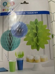 321 Party 3 Count Decorative Tissue Kit Flutter, Honeycomb Ball Mini Fan Teal