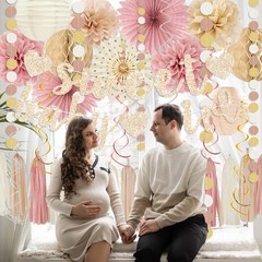 Boho Baby Shower Decorations – Blush Pink & Beige Banner, Lanterns, Streamers, P