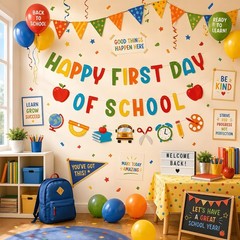 Back to School Decorations Happy First Day of School Banner Sign for Kids