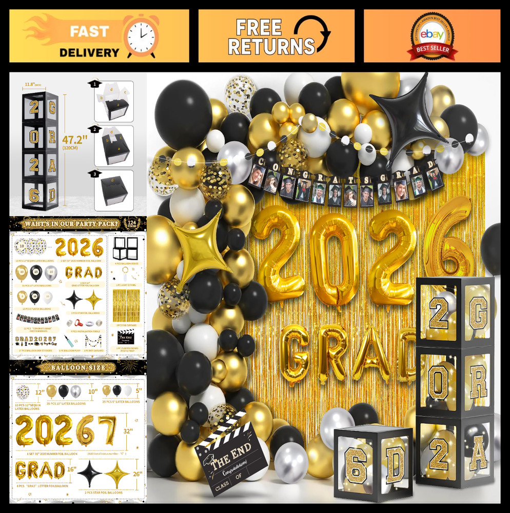 2026 Black & Gold Graduation Party Decorations Set – 124 PCS with LED Balloons &