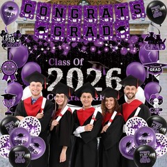 Black Purple Graduation Party Decorations, Purple Class of 2026 Graduation Ba…