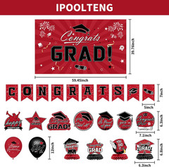 Graduation Decorations 2026 Set – Red Themed Congrats Grad Banner, Backdrop, Han