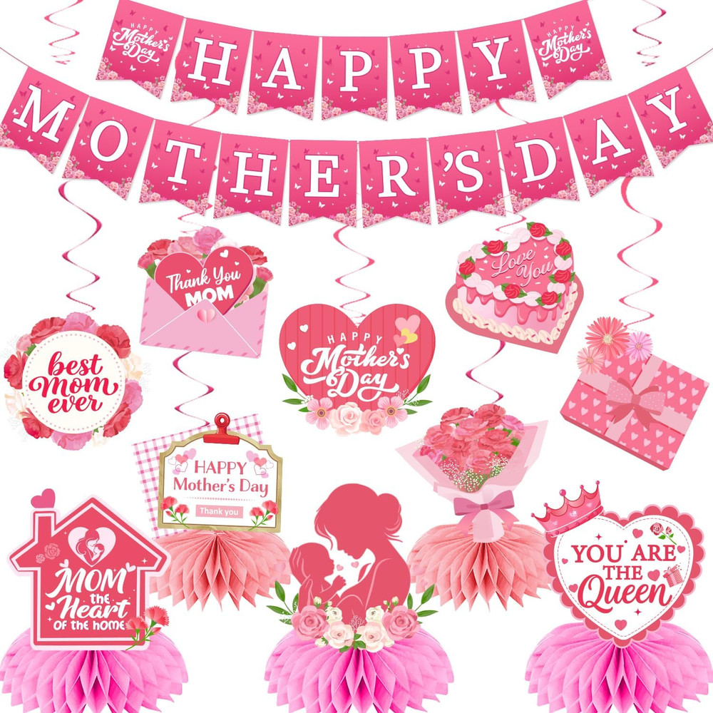 Mothers Day Decorations – Pink Best Mom Ever Party Supplies Include Happy Mother