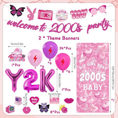 Y2K Party Decorations Early 2000S – 40 Pcs Pink Retro Themed Banner Party Hangin