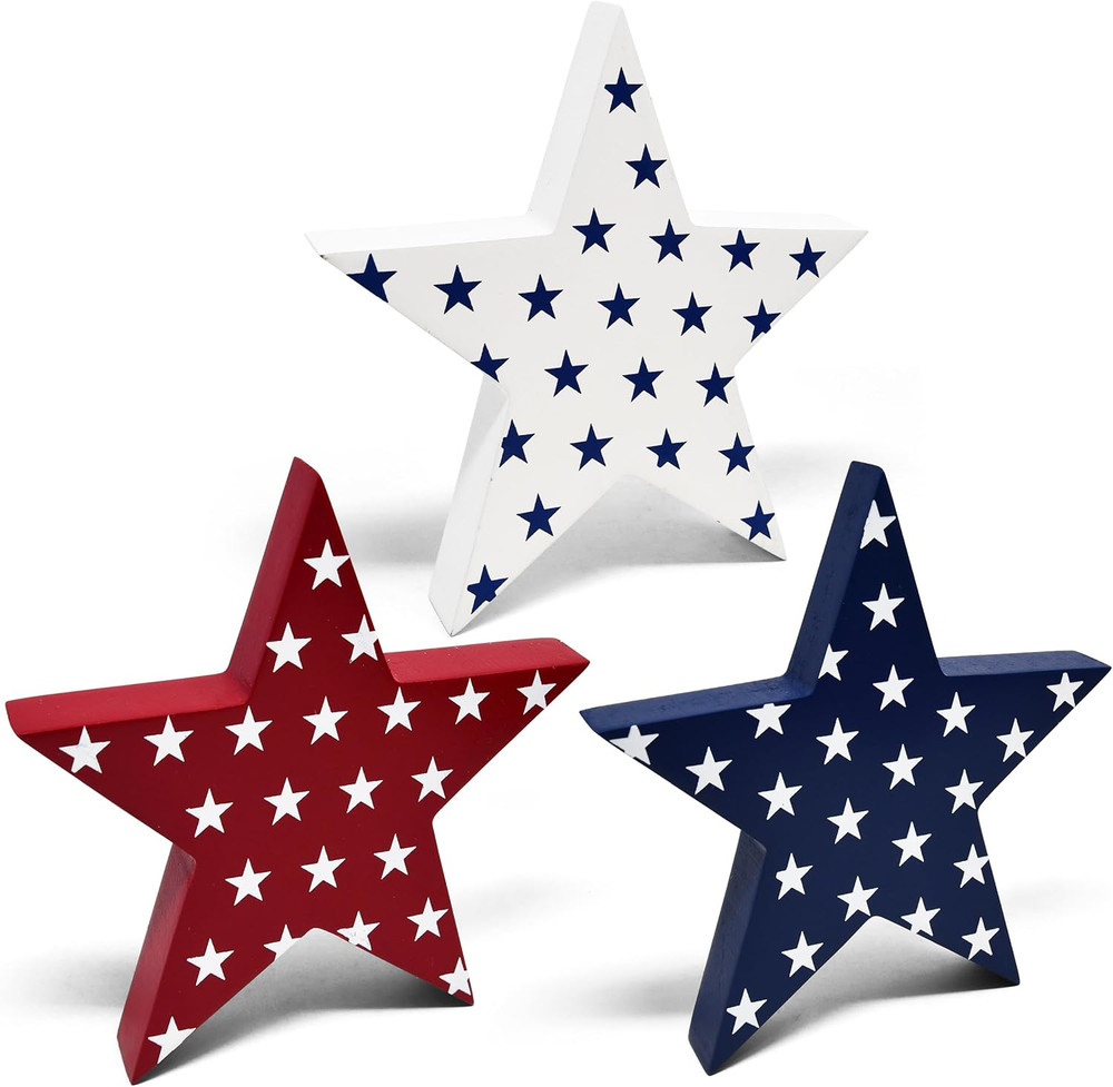 3 Patriotic Stars Wooden Table Decorations Centerpiece Block Red White & Blue St