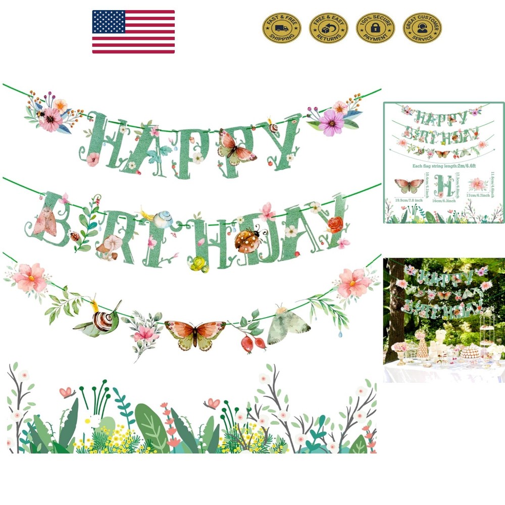 Charming Double-Sided Floral Birthday Banner with Butterflies – 70.87 Inches