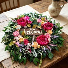 60cm Rustic Floral Wreath with Peony Rose Hydrangea for Front Door Decoration