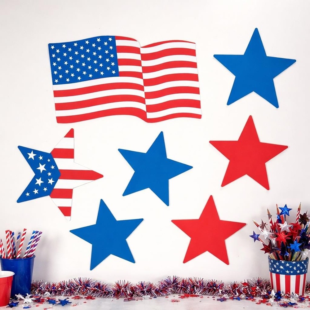 30-PC Patriotic Flag Stars Cardboard Cut-Outs July 4th Decor 5.25″ – 10.5″L #674