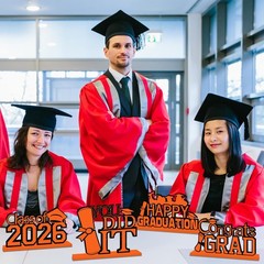 4Pcs Orange and Black Graduation Decorations Class of 2026 Congrats Grad Wood…
