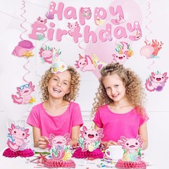 Axolotl Party Decorations – 12 PCs Pink Cute Cartoon Animals Happy Banner Cei…