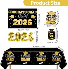 Graduation Decorations 2026 Set Black Gold with Congrats Grad Banner Backdrop…