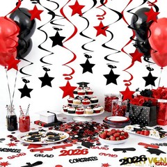 32 PCS Red Black Foil Star Hanging Swirl Streamers Ceiling Decorations