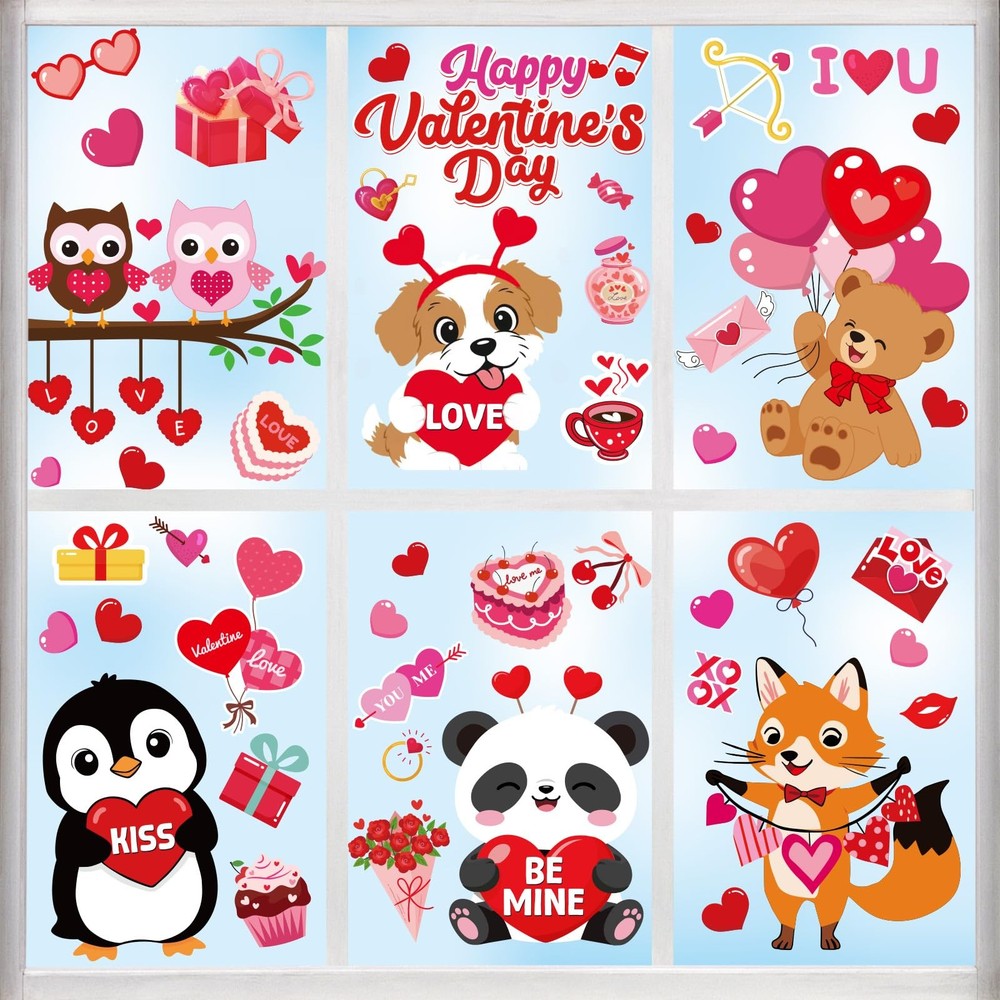 Happy Valentine’s Day Window Clings 6 Sheets, Red Pink Large Size, Multicolor