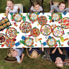 Vibrant Building Block Party Supplies – Plates, Napkins & Tablecloth for 25