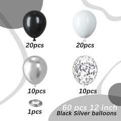 Black and Silver Balloons, 60pcs 12 Inches Black White Silver Confetti Balloo…