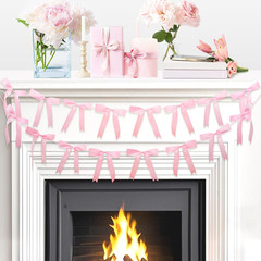 2Pcs Pink Bow Garland Banner, Satin Ribbon Decorations for Coquette Theme Birthd