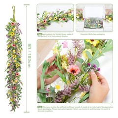 6FT Wildflower Garland, Artificial Spring Floral Garland with Eucalyptus Leav…