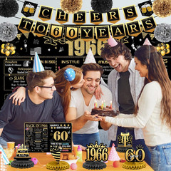 60Th Birthday Decorations for Women Men, 18PCS Black Gold Back in 1966 Banner De