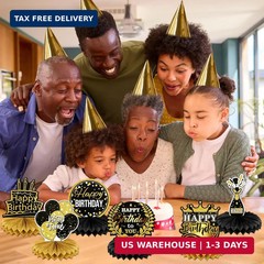 9 PCS Happy Birthday Party Table Decorations | Black and Gold Birthday Center Pi