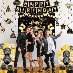 Elegant Gold Party Decor Set, Birthday Banner, Balloons, Centerpieces, Streamers