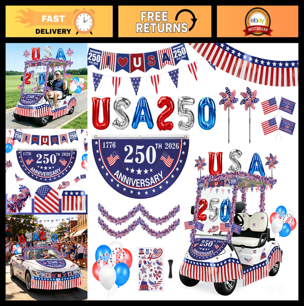 Patriotic Golf Cart Decorations Kit – 250th Independence Day Banner, Flags & Mor