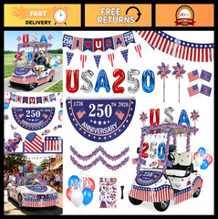 Patriotic Golf Cart Decorations Kit – 250th Independence Day Banner, Flags & Mor