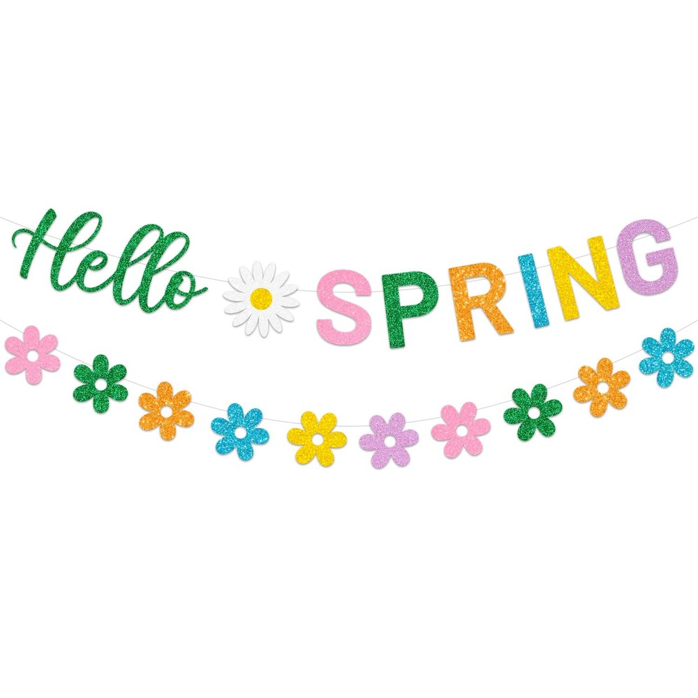 Hello Spring Banner and Flower Banner Colorful Glittery Spring Flower Banner …