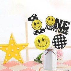 12pcs Glitter One Happy Dude Party Centerpiece 12 inches, Yellow and Black