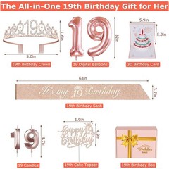 19th Birthday Decorations Set with Tiara Candles Balloons & Cake Topper