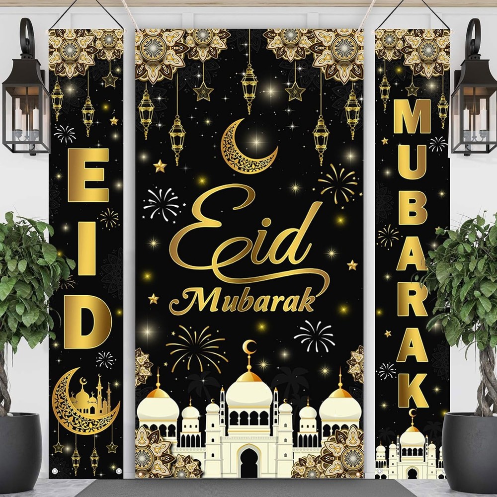 AIBIIN 3PCS Eid Mubarak Banners Decorations for Home Gold Black