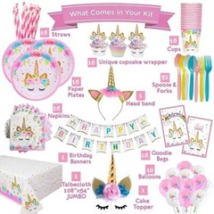 Unicorn Birthday Supplies With Headband, tableware, balloons and more