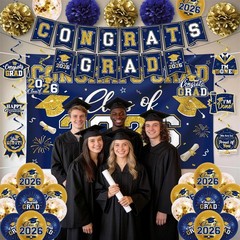 Navy Blue & Gold Graduation Decorations 2026 Set – Congrats Grad Banner, Balloon