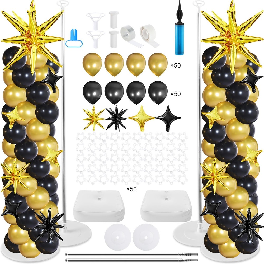 110 Pcs Black Gold Explosion Balloons Column Stand Kit Adjustable Tower Stand…