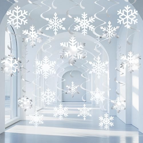 20 Pcs Winter Snowflake Hanging Swirls Decorations – Snowflake White Silver