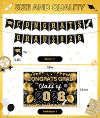 2026 Graduation Decorations Black Gold – Class of 2026 Party Decor Kit