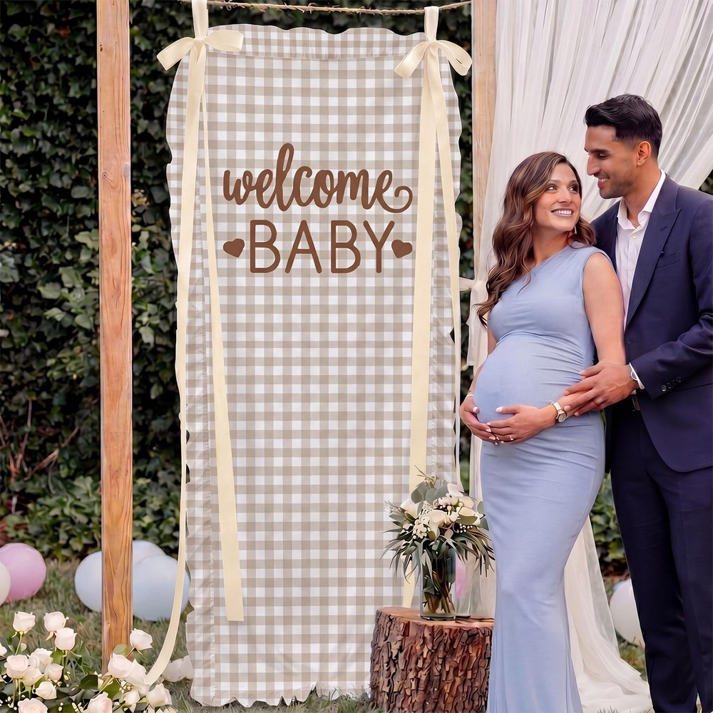 60″ x 24″ Beige Gingham Welcome Baby Sign, Ruffled Fabric Baby Shower Sign Ba…