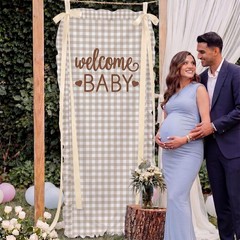 60″ x 24″ Beige Gingham Welcome Baby Sign, Ruffled Fabric Baby Shower Sign Ba…