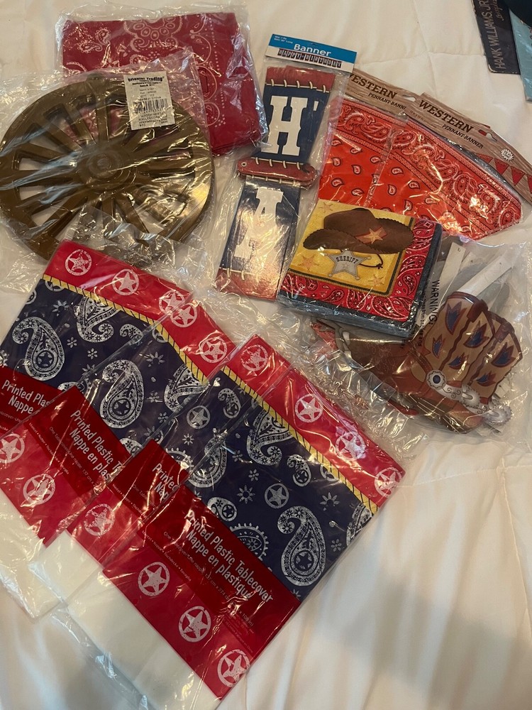 Western Cowboy Party Supplies Large Lot Banners Wagon Wheel Bandanas table cloth