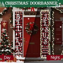 Red Christmas Front Door Porch Banner, Religious Nativity Scene Sign, Believe…