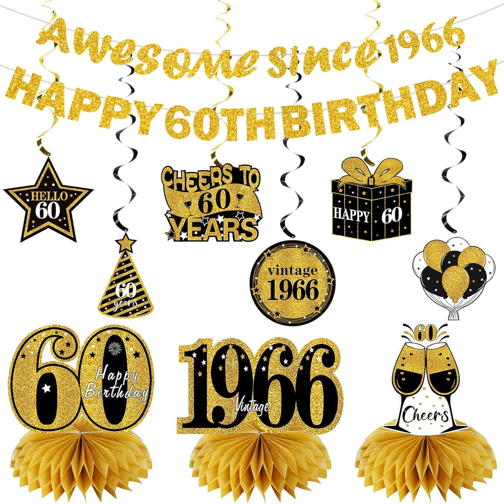 11Pcs 60Th Birthday Decorations Kit for Men Women, Black Gold Happy 60Th Birthda