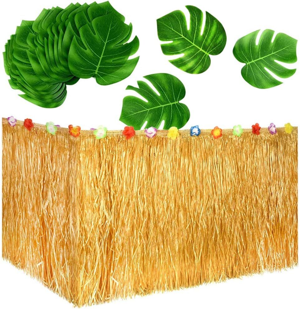 9Ft Hawaiian Luau Table Skirt With Tropical Flowers And Palm Leaves Decor